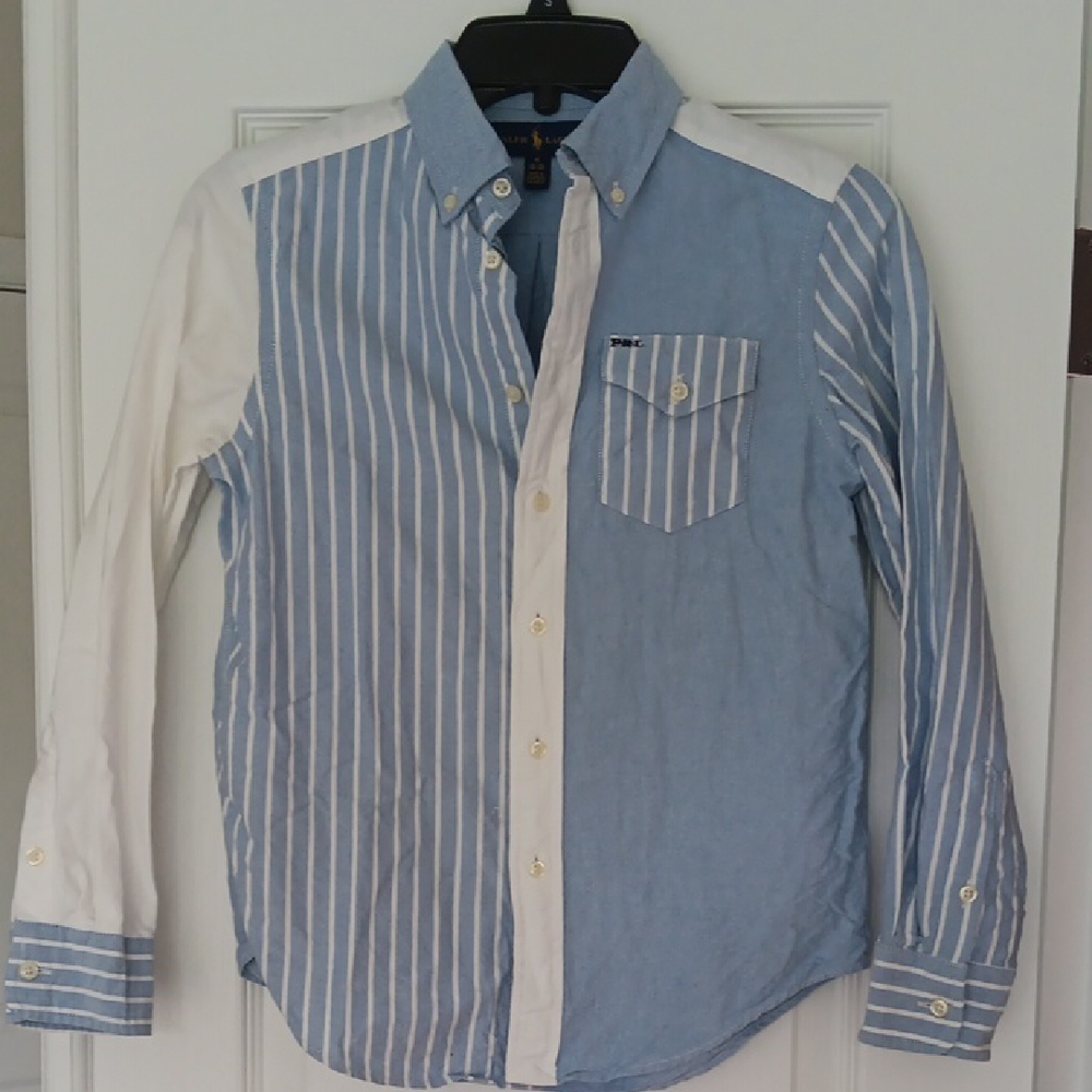 Blue and White Asymmetrical Button Down Shirt